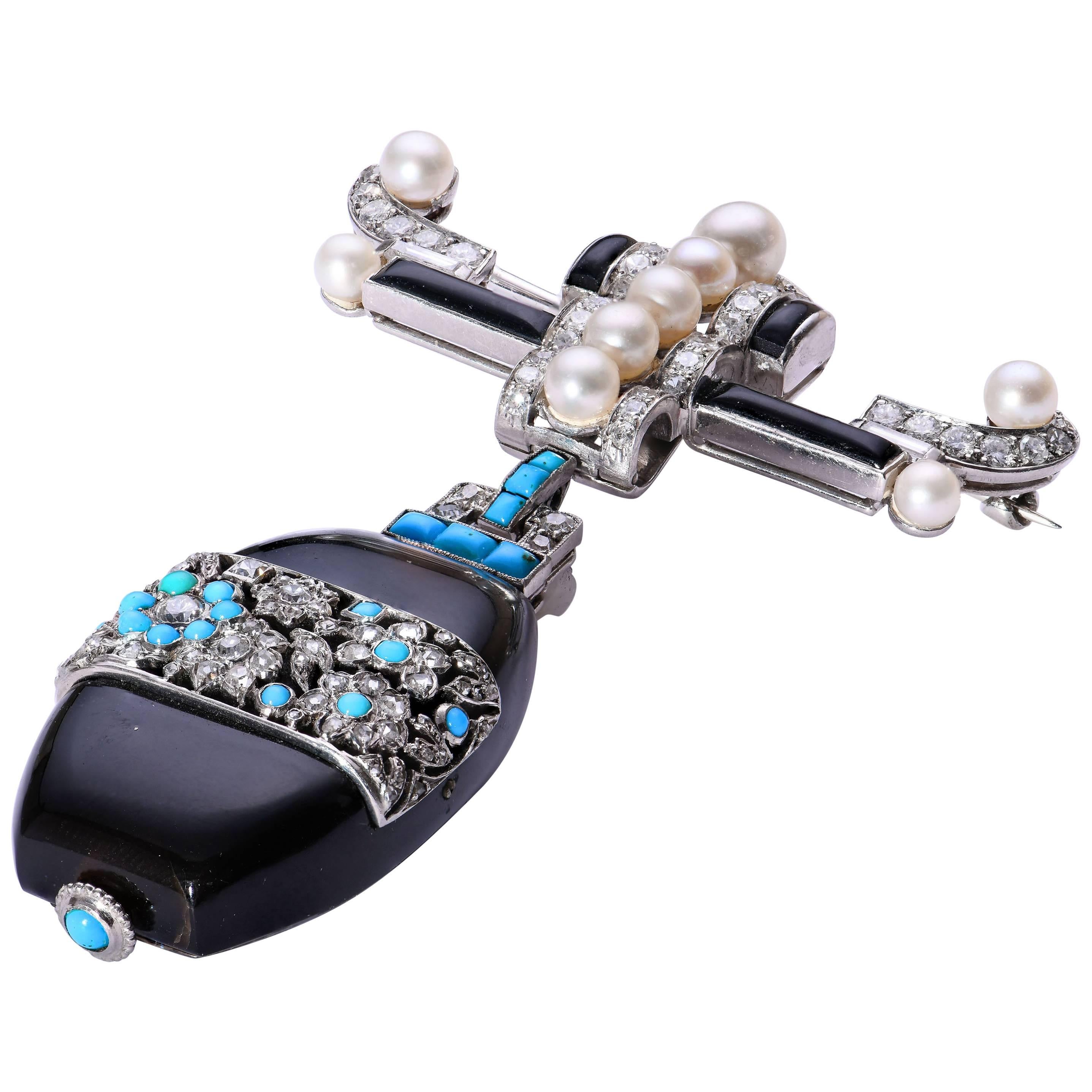 Art Deco Chinoiserie Platinum Diamond Onyx Pearl Turquoise Brooch Watch