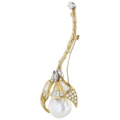 Natural Pearl and Diamond Retro Brooch in Yellow Gold