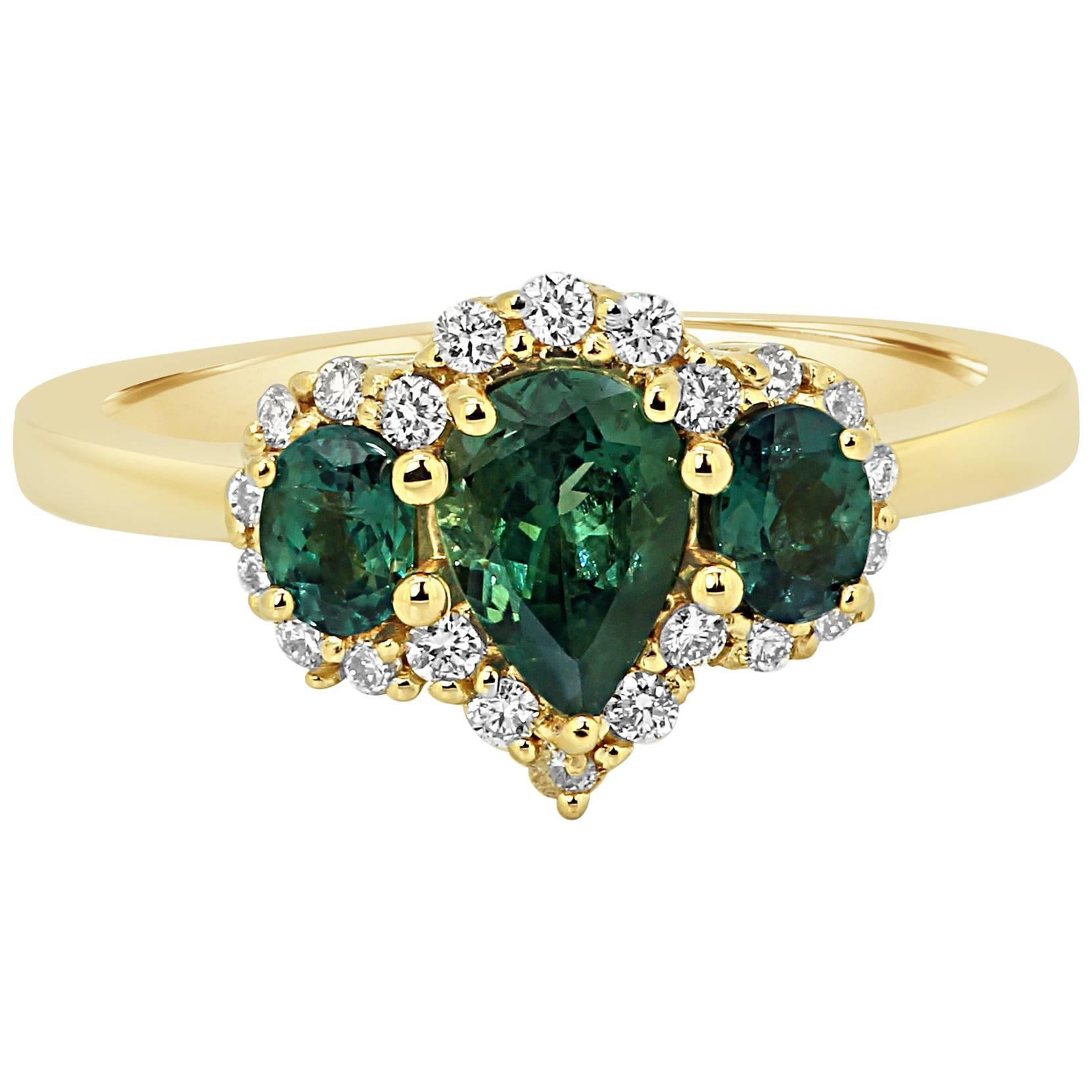 Alexandrite Diamond Halo Gold Three-Stone Cocktail Fashion Ring