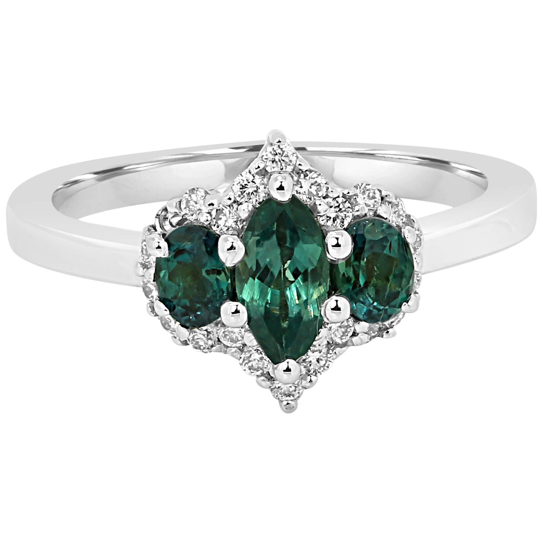 Alexandrite Diamond Halo Three-Stone Bridal Fashion Cocktail Gold Ring