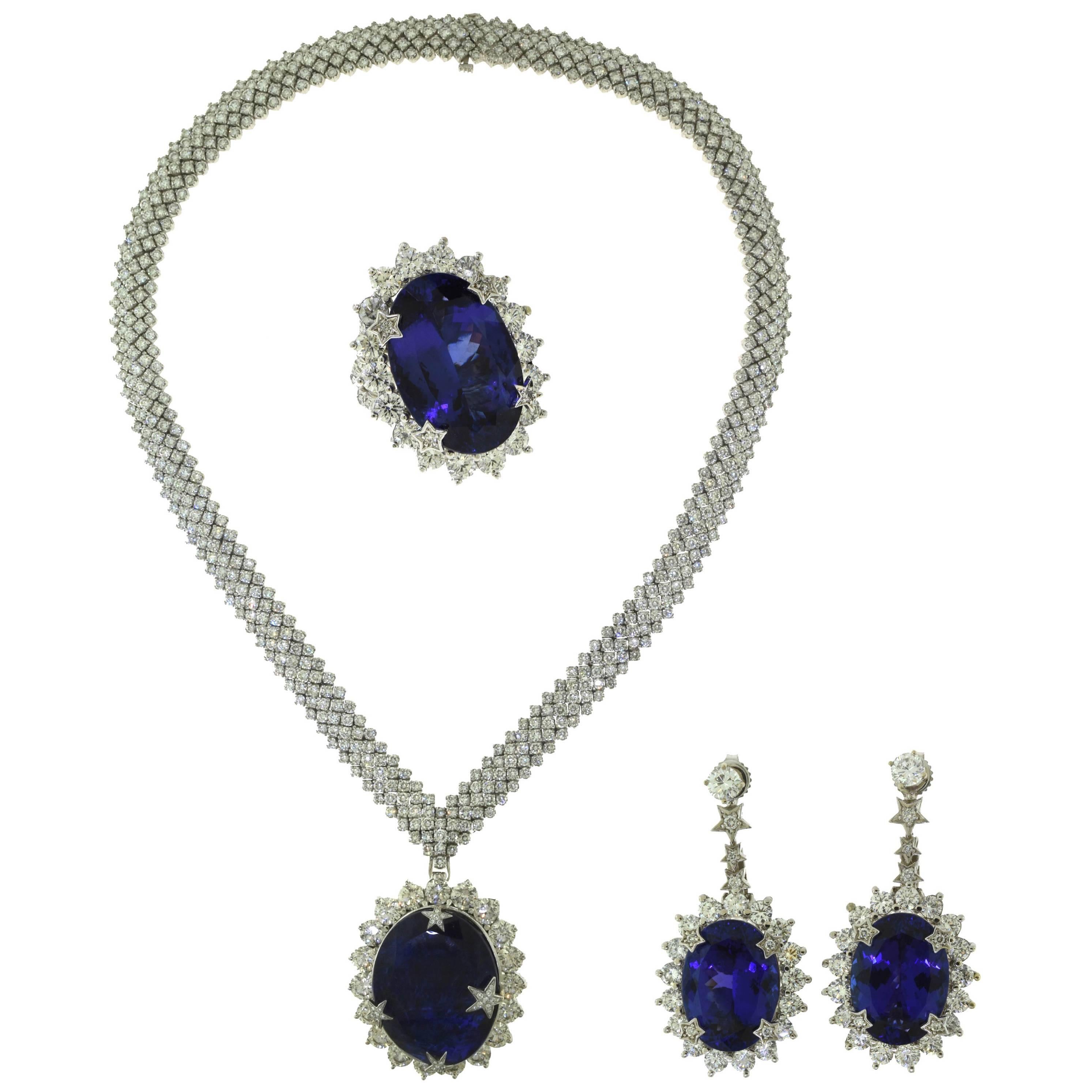 Large Tanzanite and Diamond White Gold Three-Piece Earring, Necklace, Ring Set For Sale