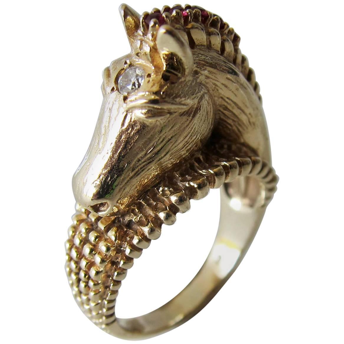 Gold Ruby Diamond Sculptural Horse Head Ring