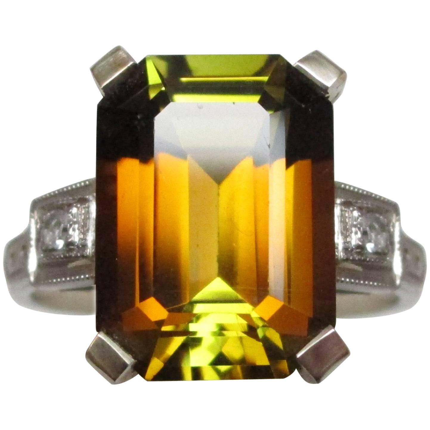 AGL Certified 6.94 Carat Orange Tourmaline Art Deco White Gold Ring