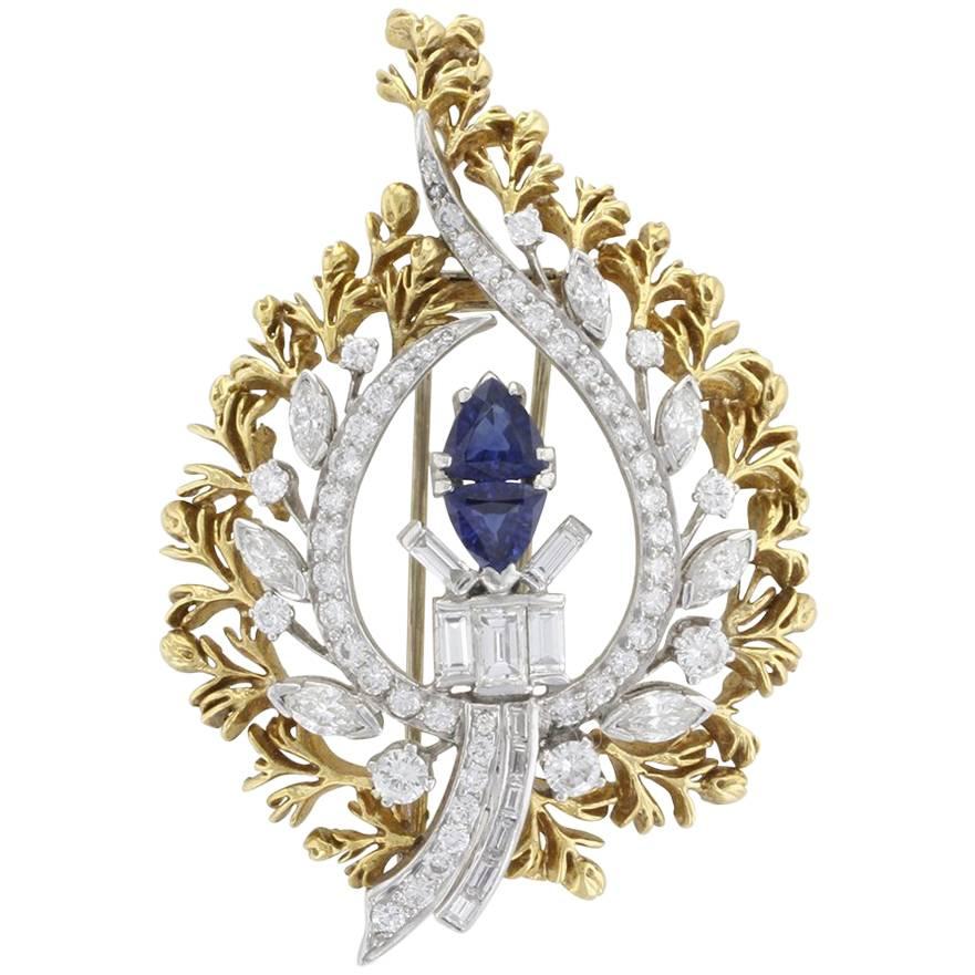 Natural Sapphire and Diamond Vintage Brooch in Gold