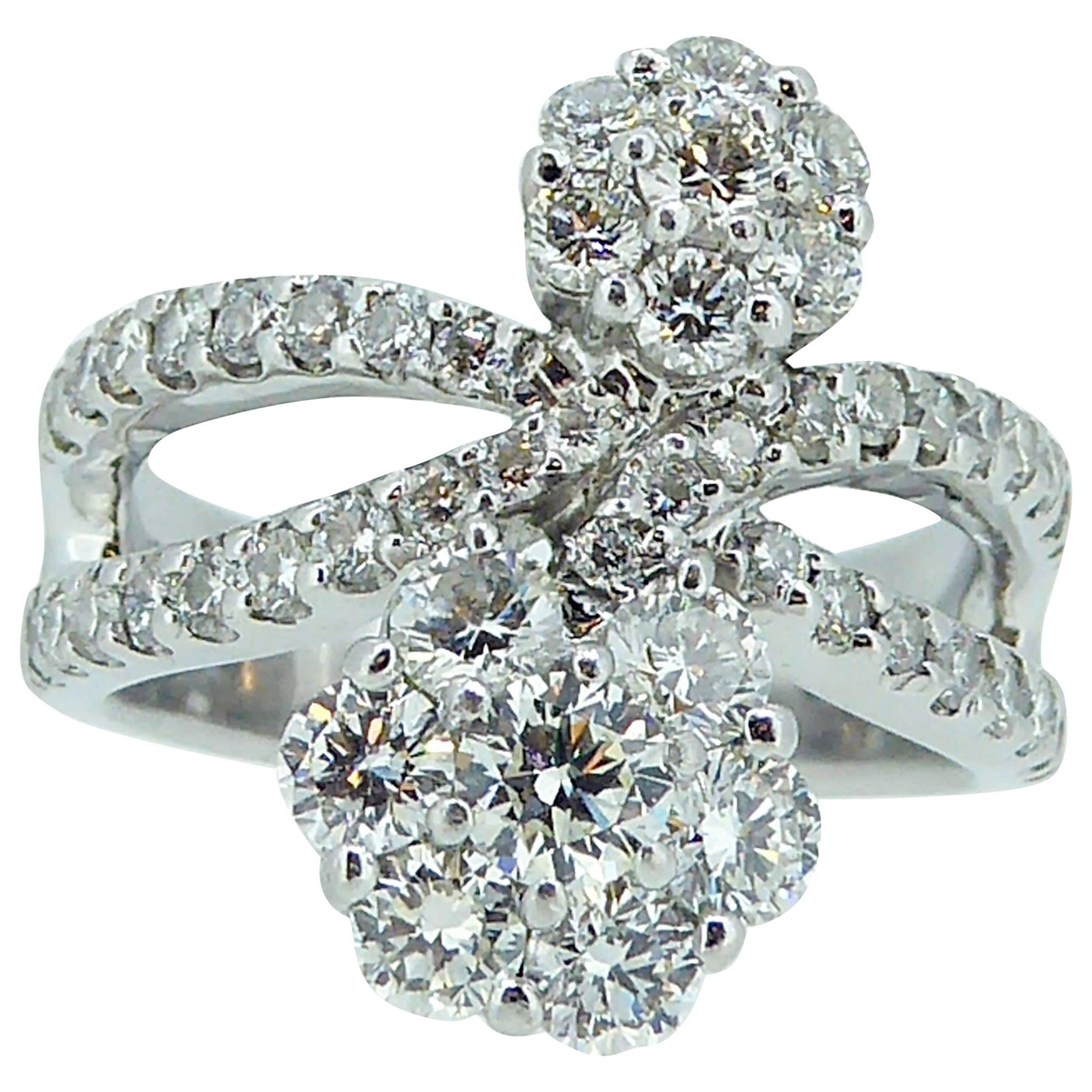 Circa 1970s 1.93 Carat Round Diamond Double Flower Cluster Ring