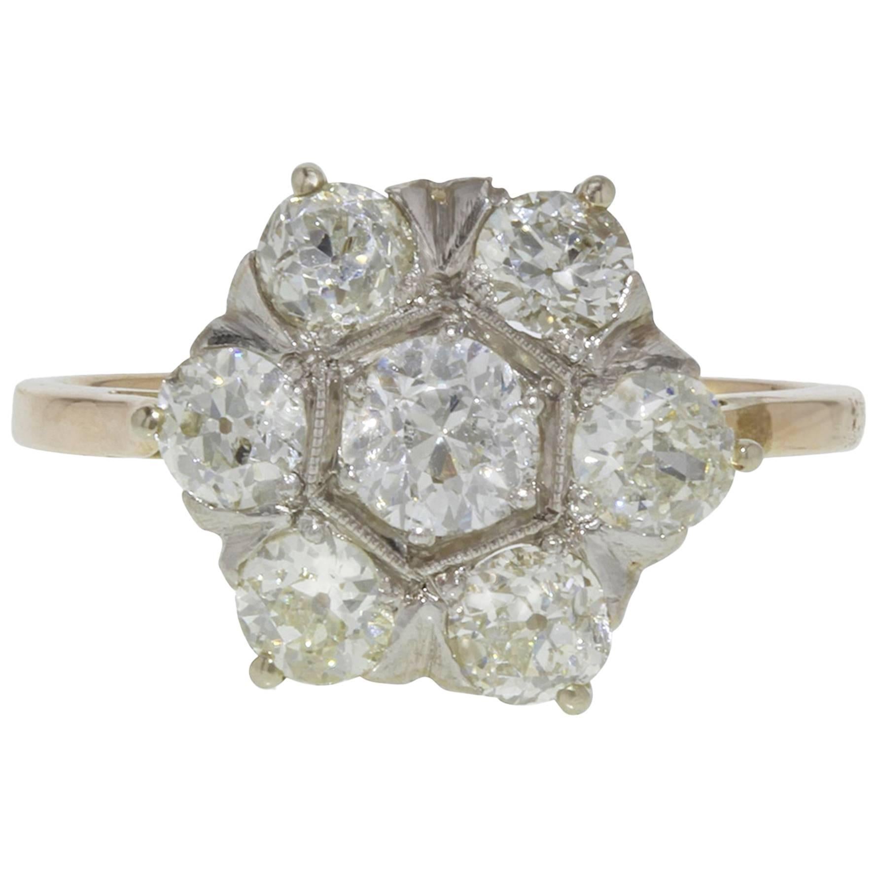 Vintage Platinum and Diamond Cluster Floral Engagement Ring