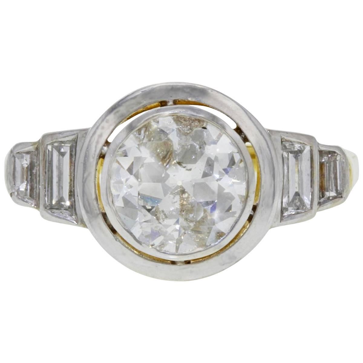 1.73 Carat Old Euro Round Cut Bezel Set Art Deco Style Engagement Ring