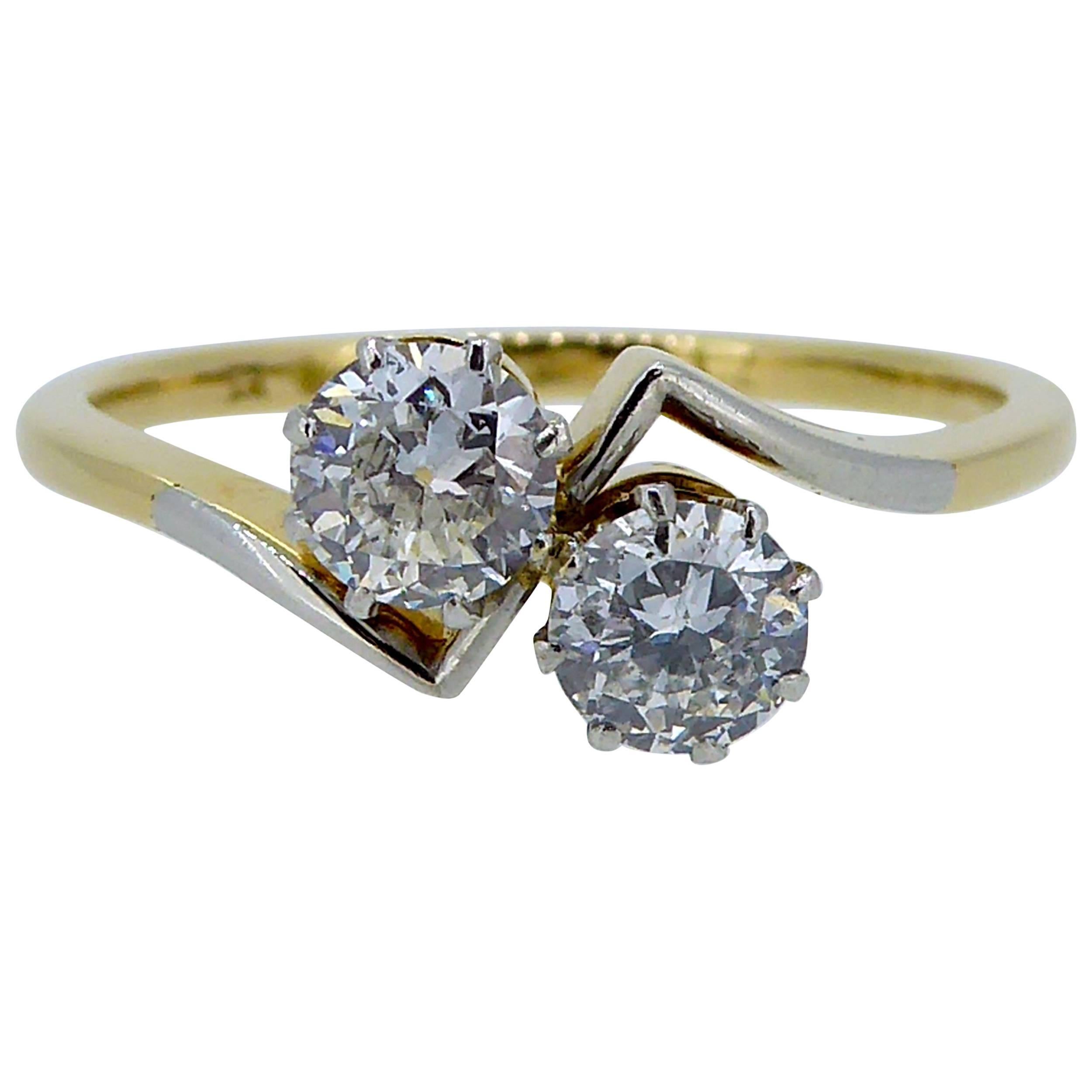 Art Deco Diamond Ring, 0.60 Carat Early Brilliant Cut Two-Stone Twist, 18 Carat