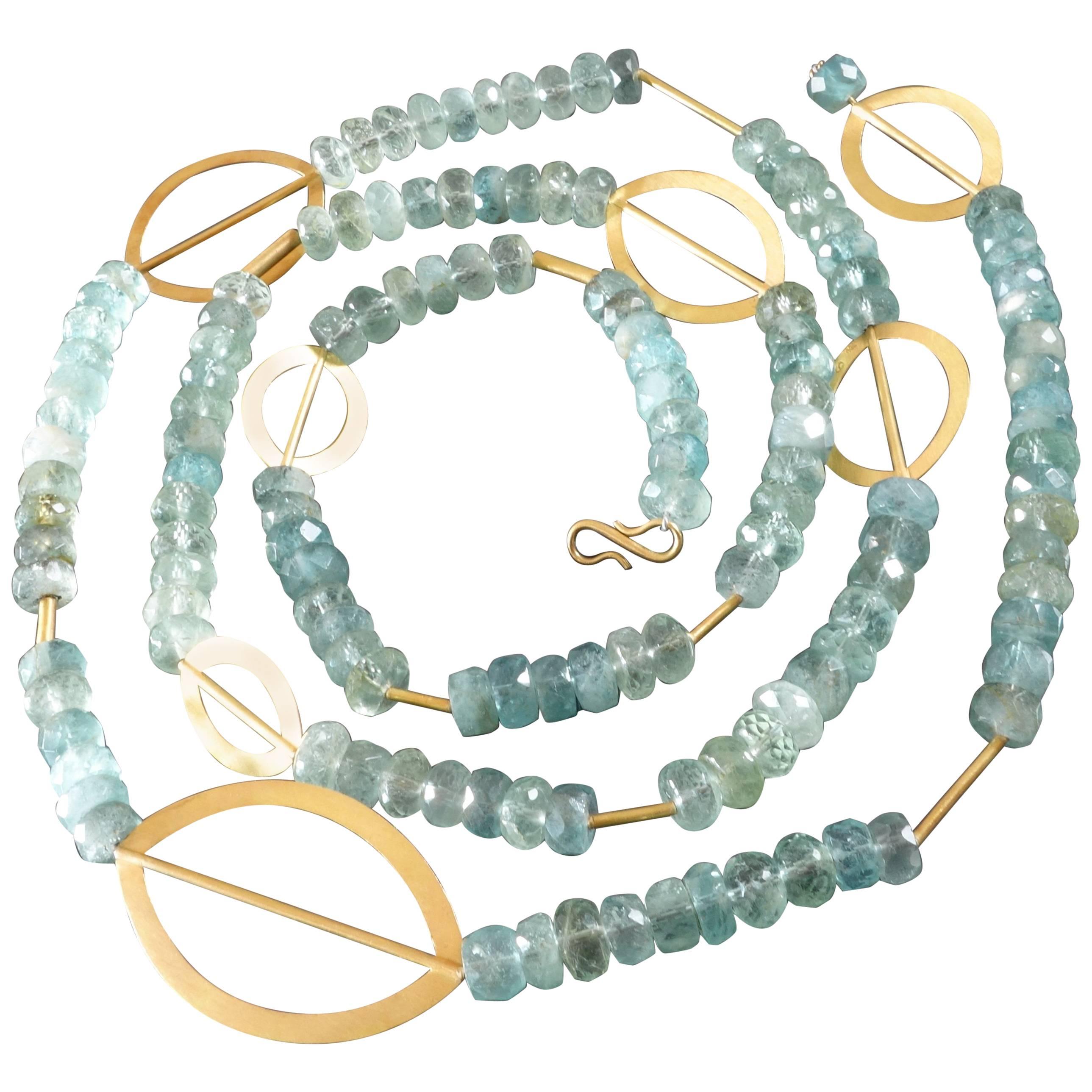 1980s Sabine Strobel Post-Modernist Aquamarine Gold Long Chain Necklace Sautoir