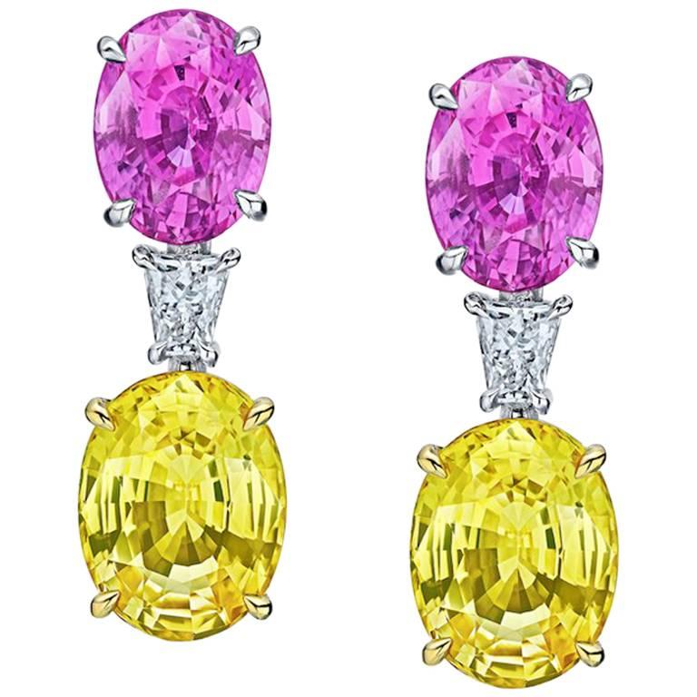 15.11 Carat Oval Pink and Yellow Sapphires and Diamond Platinum and 18k Earrings For Sale