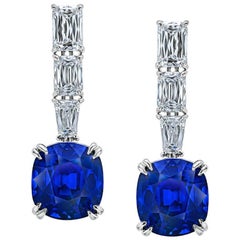 11.94 Carat Blue Cushion Sapphire and Diamond Drop Platinum Earrings