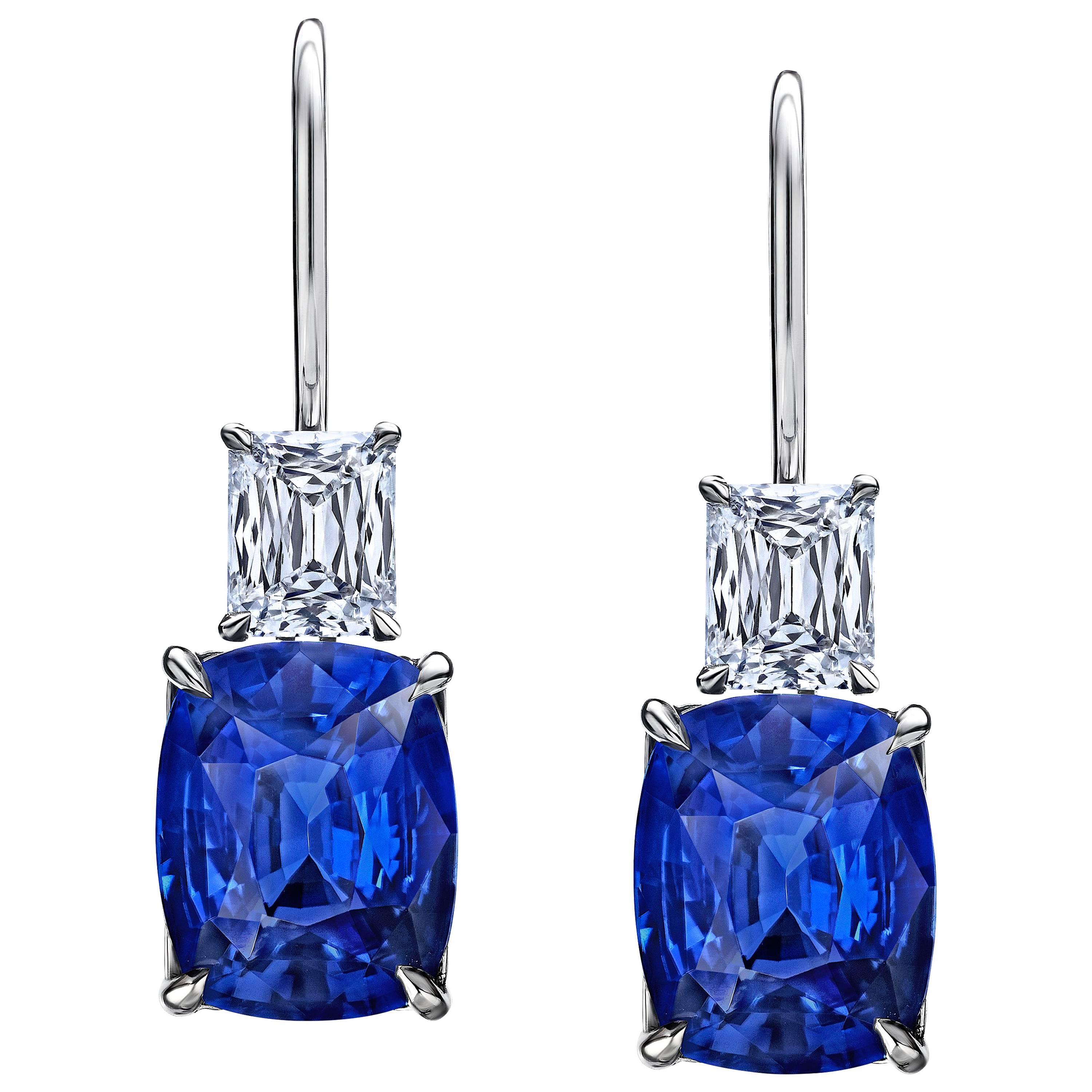 6.80 Carat Blue Cushion Sapphire and Diamond Platinum Drop Earrings For Sale