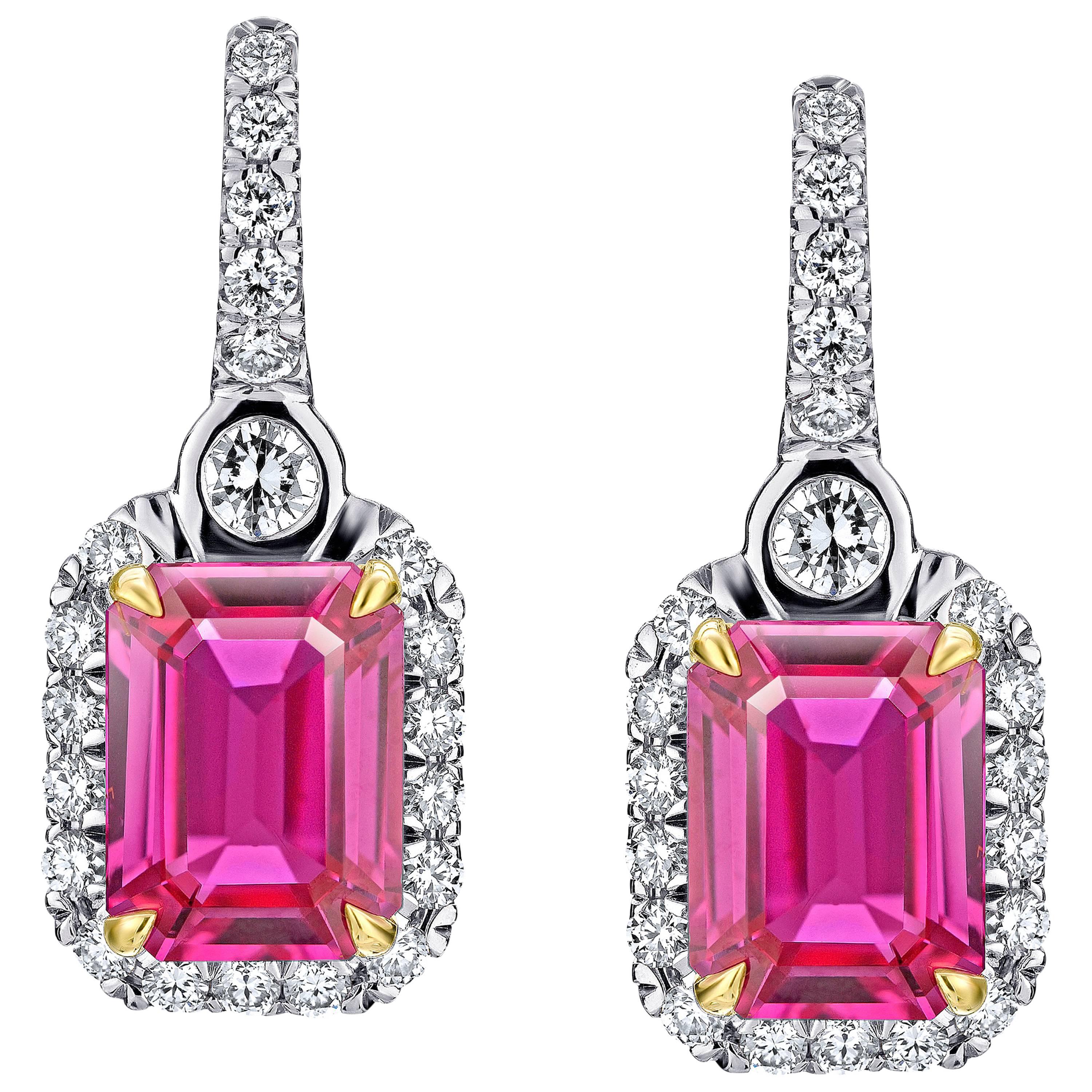 2.76 Carat Pink Natural Sapphire and Diamond Halo Drop Platinum and 18k Earrings