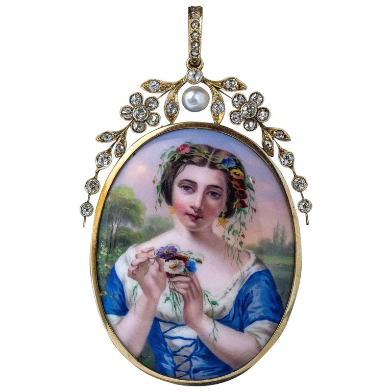 Antique Swiss Painted Enamel Diamond Pearl Gold Pendant For Sale at 1stDibs