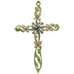 Rare Art Nouveau Antique Enamel Diamond Cross Pendant