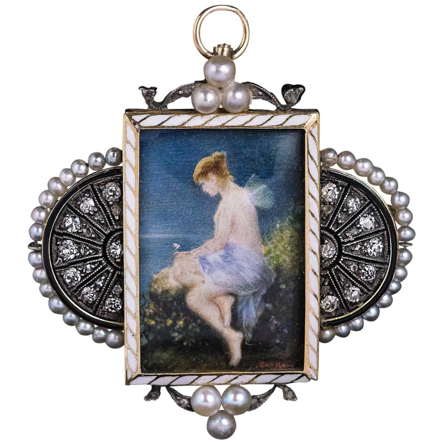 Antique Jugendstil Painted Miniature Diamond Pearl Pendant Brooch
