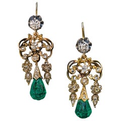 Antique Briolette Cut Emerald Diamond Dangle Earrings