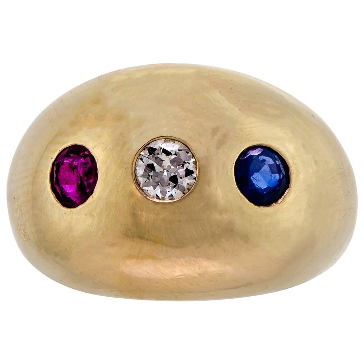 Great Retro Red, White and Blue Gemstone 14 Karat Yellow Gold Ring For Sale