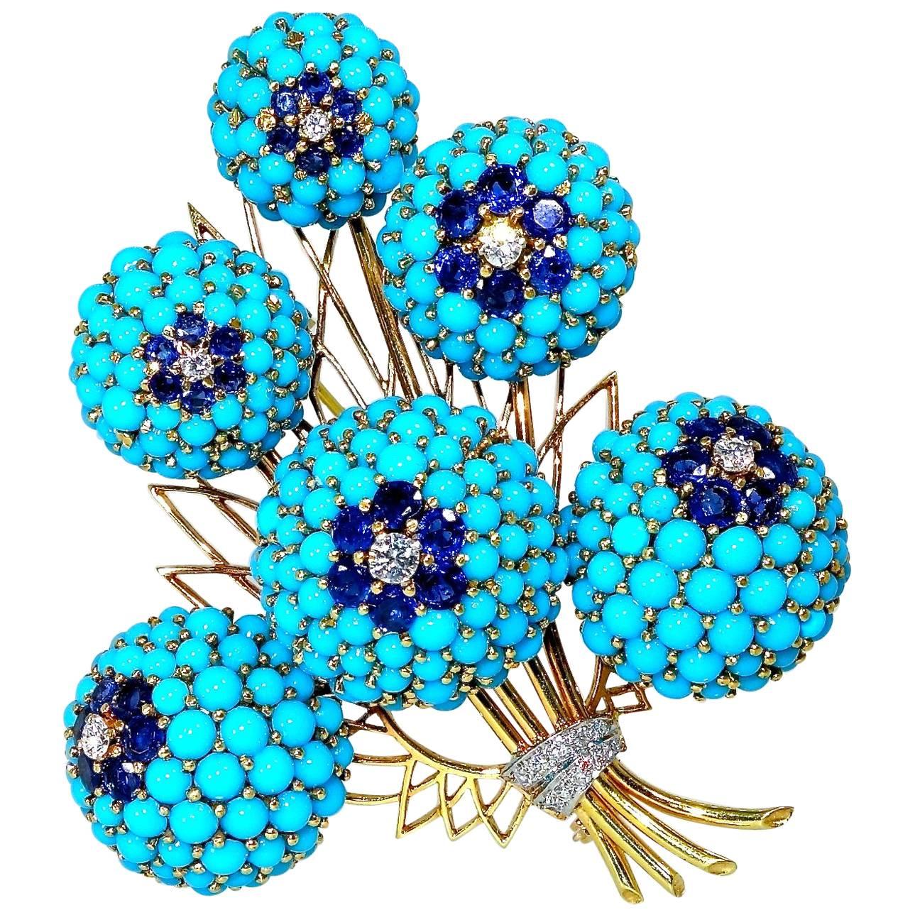 Large circa 1960s Dress Clip of Persian Turquoise, Diamonds and Sapphires