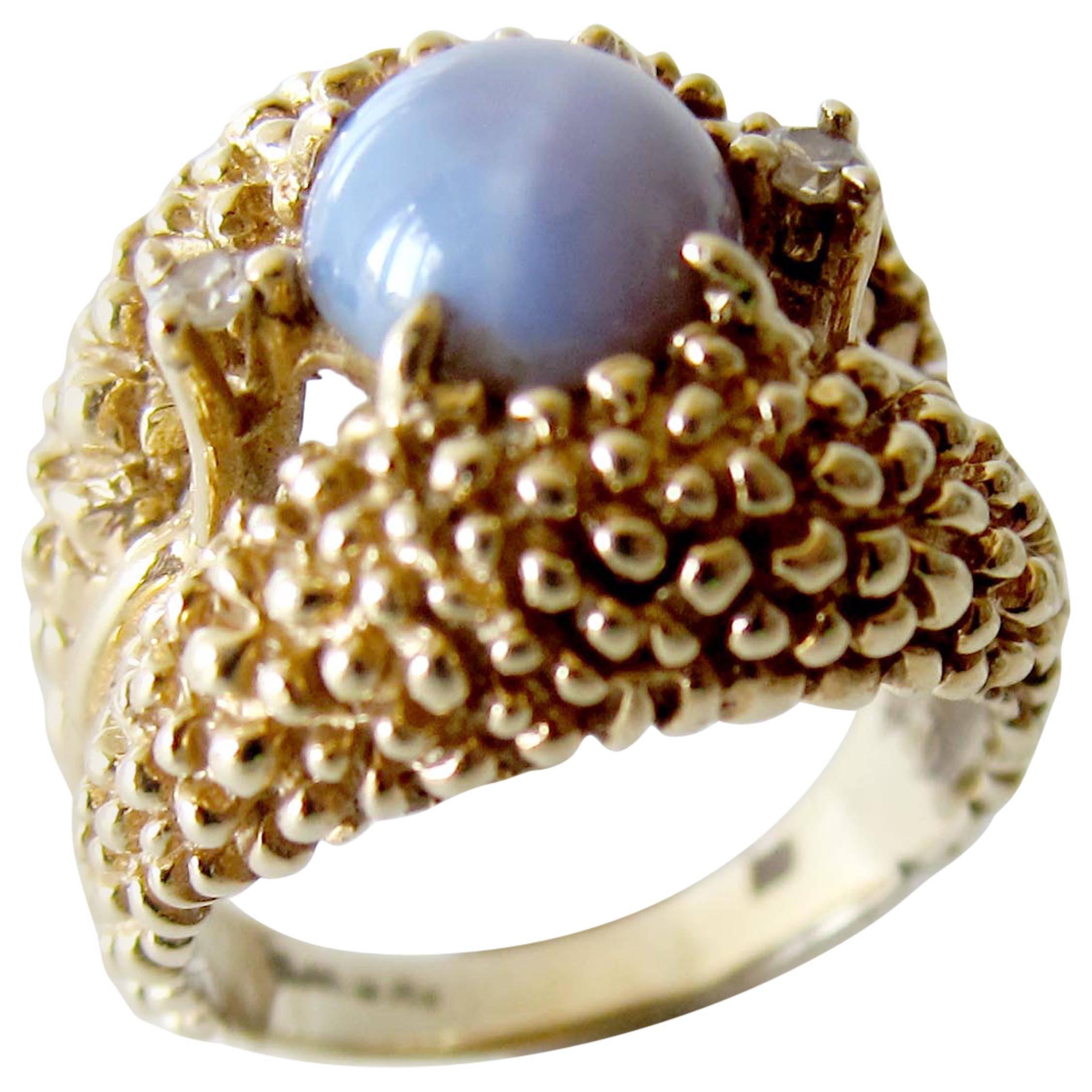 Gold Star Sapphire Diamond Textured Modernist Ring