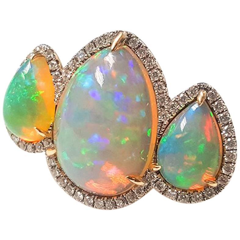 Ladies 14 Karat Yellow Gold Ethiopian Opal and Diamonds Ring For Sale