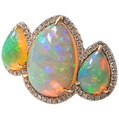 Ladies 14 Karat Yellow Gold Ethiopian Opal and Diamonds Ring