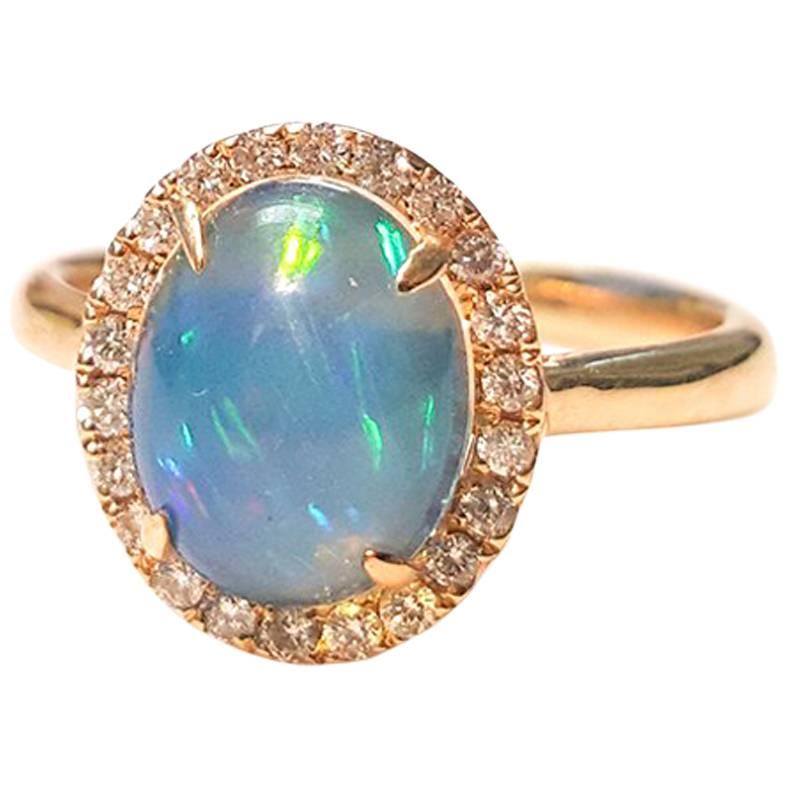 Ladies 14 Karat Yellow Gold Ethiopian Opal and Diamonds Ring