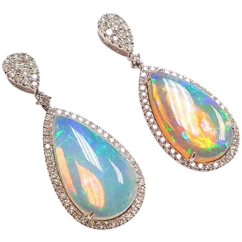 Ladies 14 Karat White Gold Ethiopian Opal and Diamonds Drop Earring For Sale