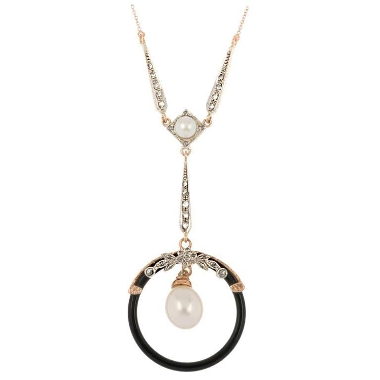 Handcrafted Italian Art Deco Inspired Rose Gold Pearl Diamond and Onyx Necklace For Sale