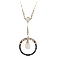 Handcrafted Italian Art Deco Inspired Rose Gold Pearl Diamond and Onyx Necklace