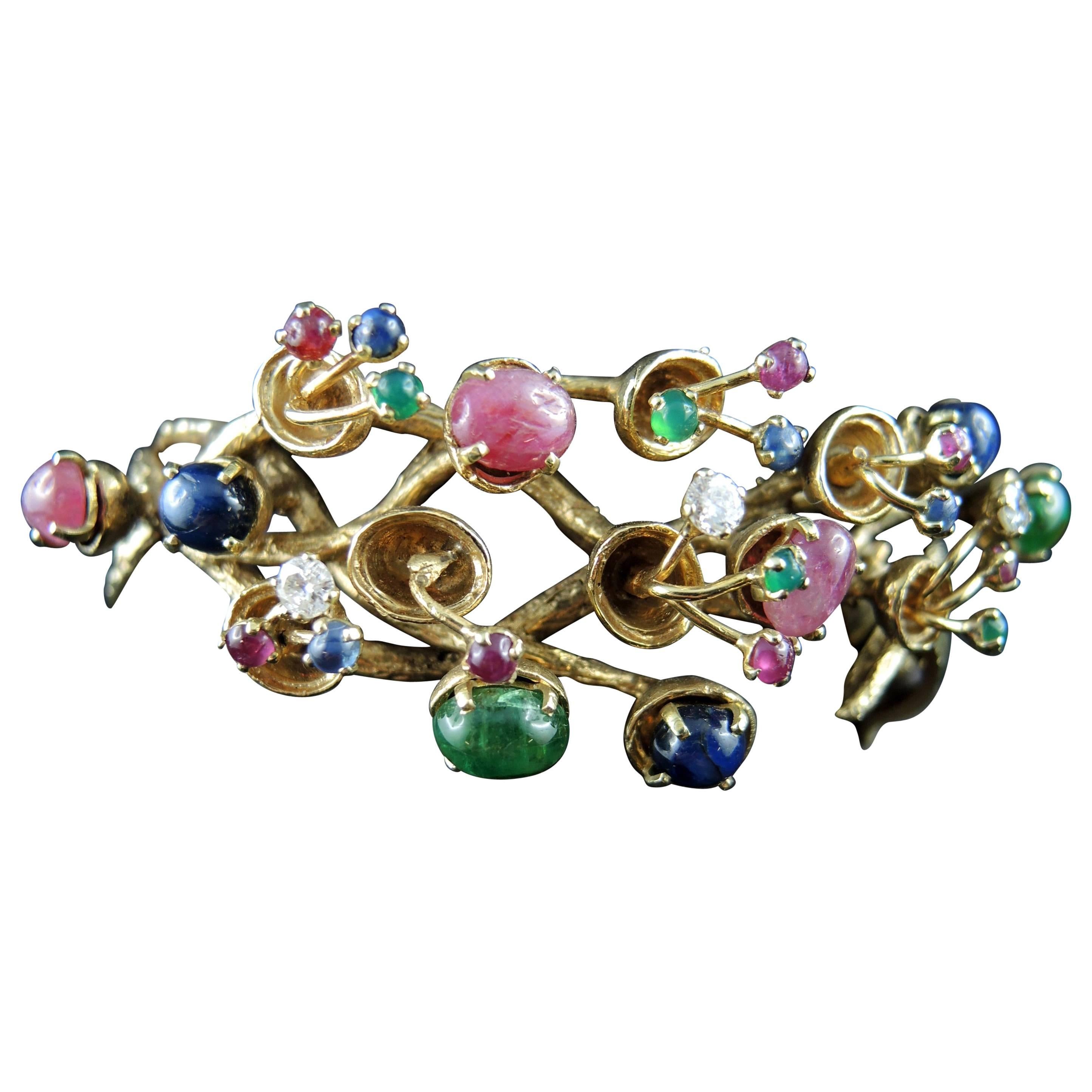 Vintage Tutti Frutti 14 Kt Gold Bracelet With Rubies Sapphires Emeralds Diamonds For Sale