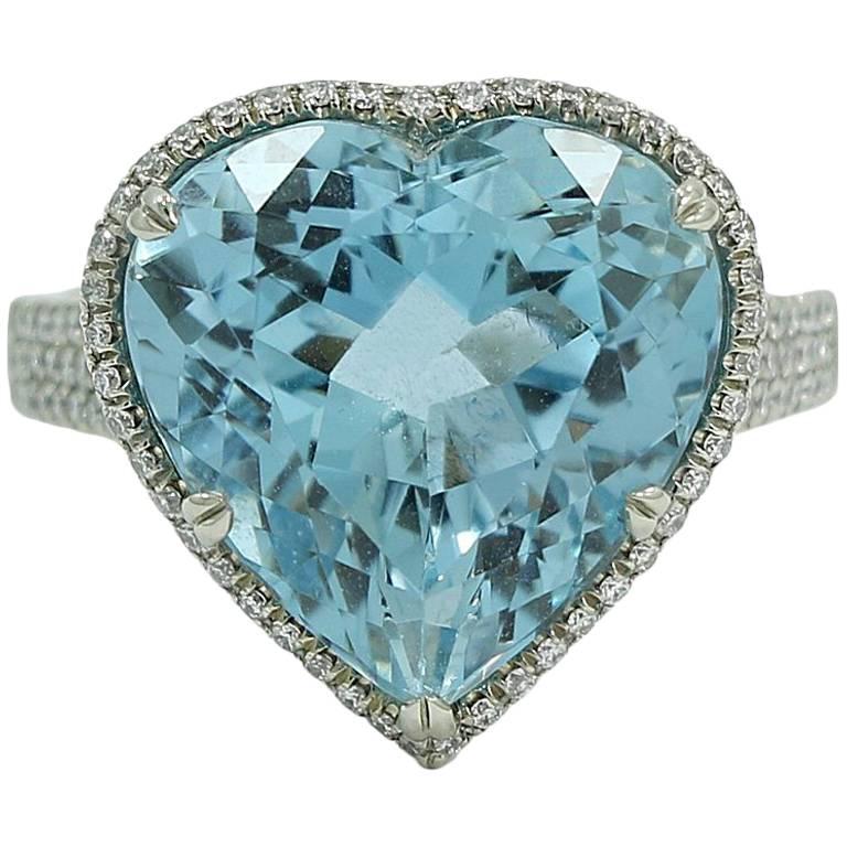 9.14 Carat Bez Ambar Heart Shaped Aquamarine and Diamond Ring
