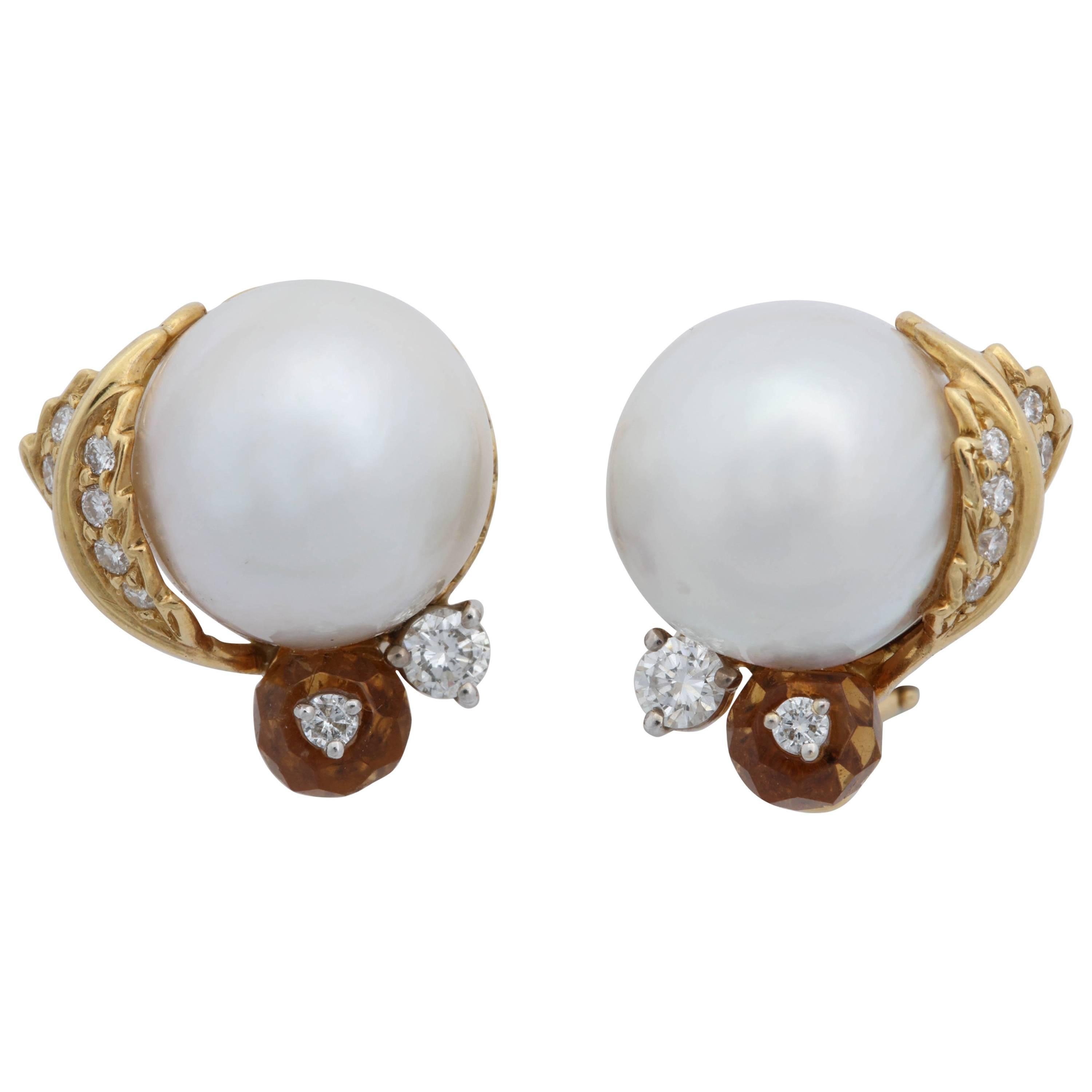 Seaman Schepps South Sea Pearl, Citrine with Diamonds Ball Design Post Earclips