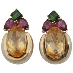 1950s Multicolored Stones with High Polish Gold Reversible Wear Pierced Earrings