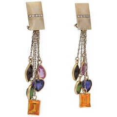 1960s Multicolored Semiprecious Stones, Diamond Multistrand Gold Dangle Earclips