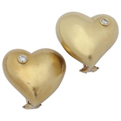 Marlene Stowe 1980s Diamond Puffy Heart Hand-Hammered Gold Earclips