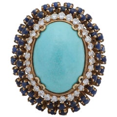 Retro 1960s Impressive and Large Turquoise, Sapphire with Diamonds Gold Cocktail Ring