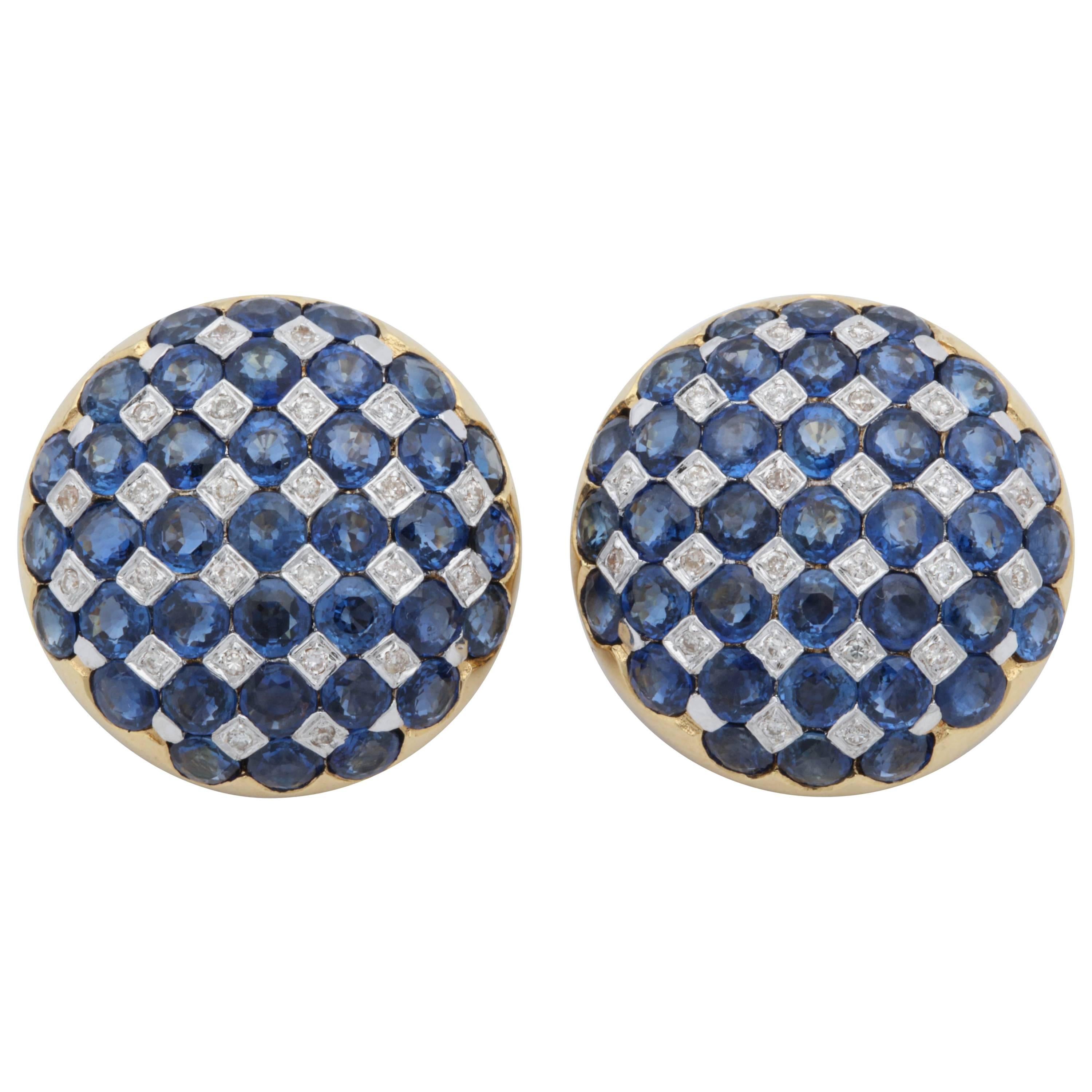1950s Checkerboard Design Faceted Sapphires with Diamonds Gold Clip-On Earrings