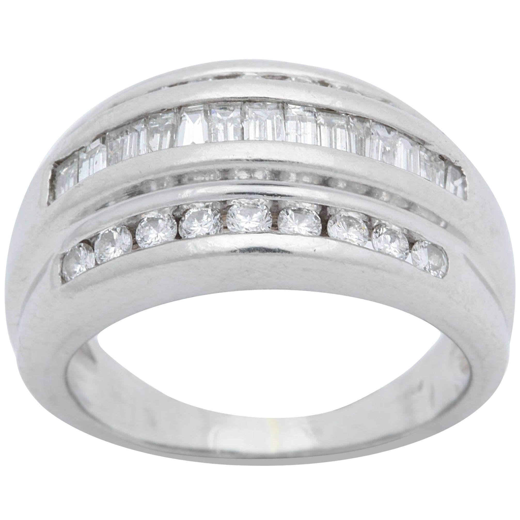 1950s Bombe Half Way Band Baguette with Round Cut Diamonds Platinum Ring For Sale