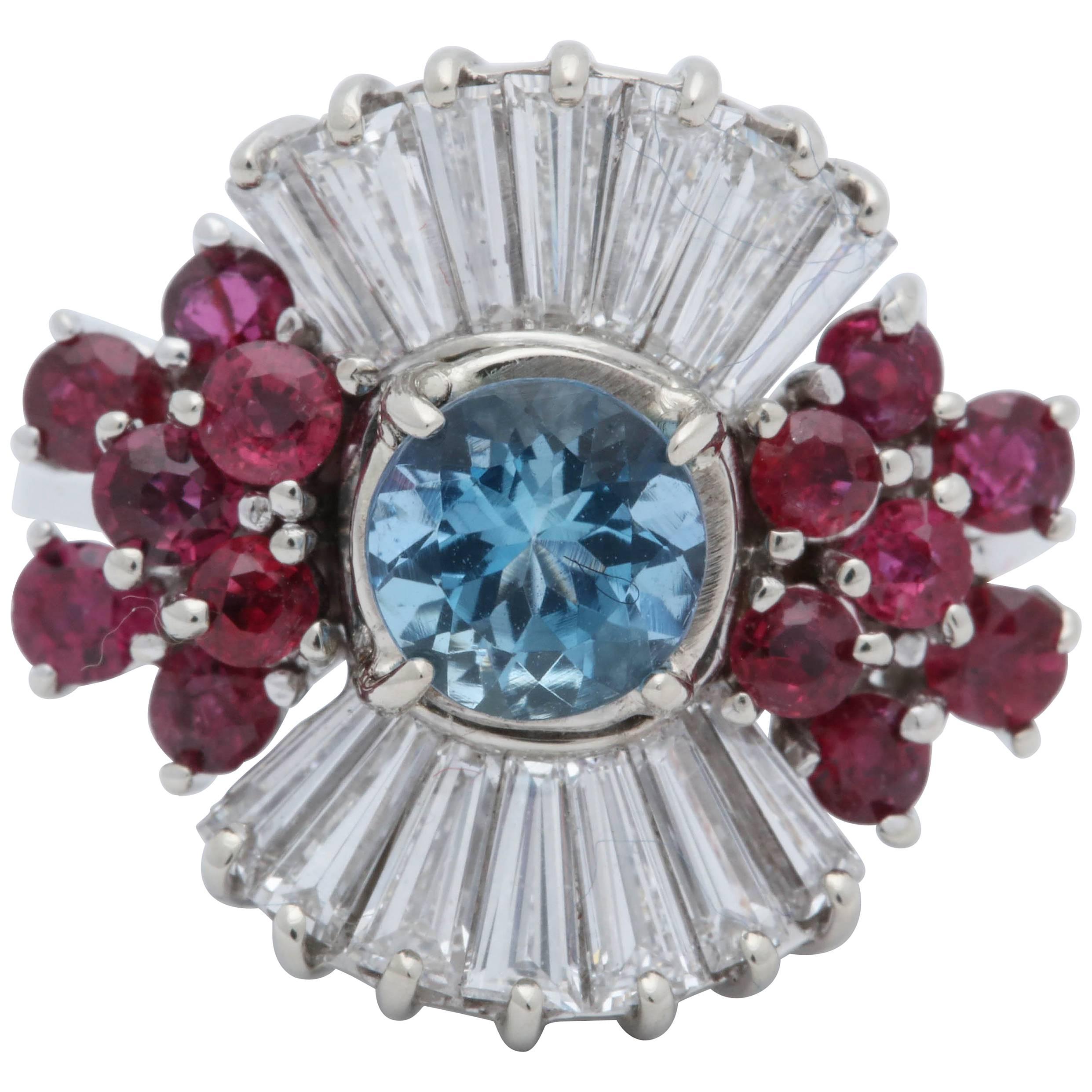 1950s Aquamarine, Ruby with Baguette Diamonds, White Gold Ballerina Fancy Ring For Sale