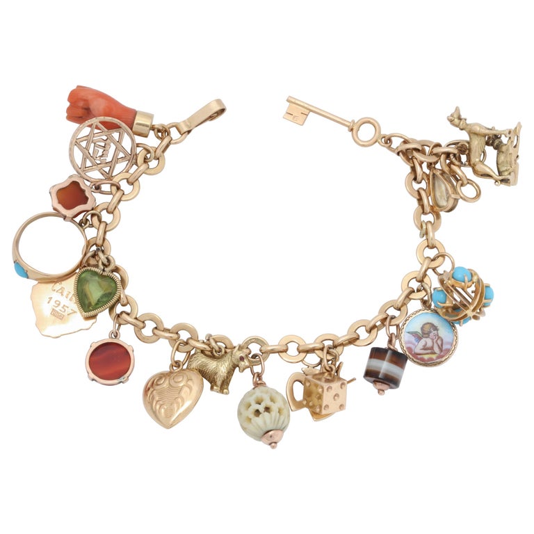 1950s Multicolored Stones 20 Lucky Charms Gold Link Bracelet at 1stDibs