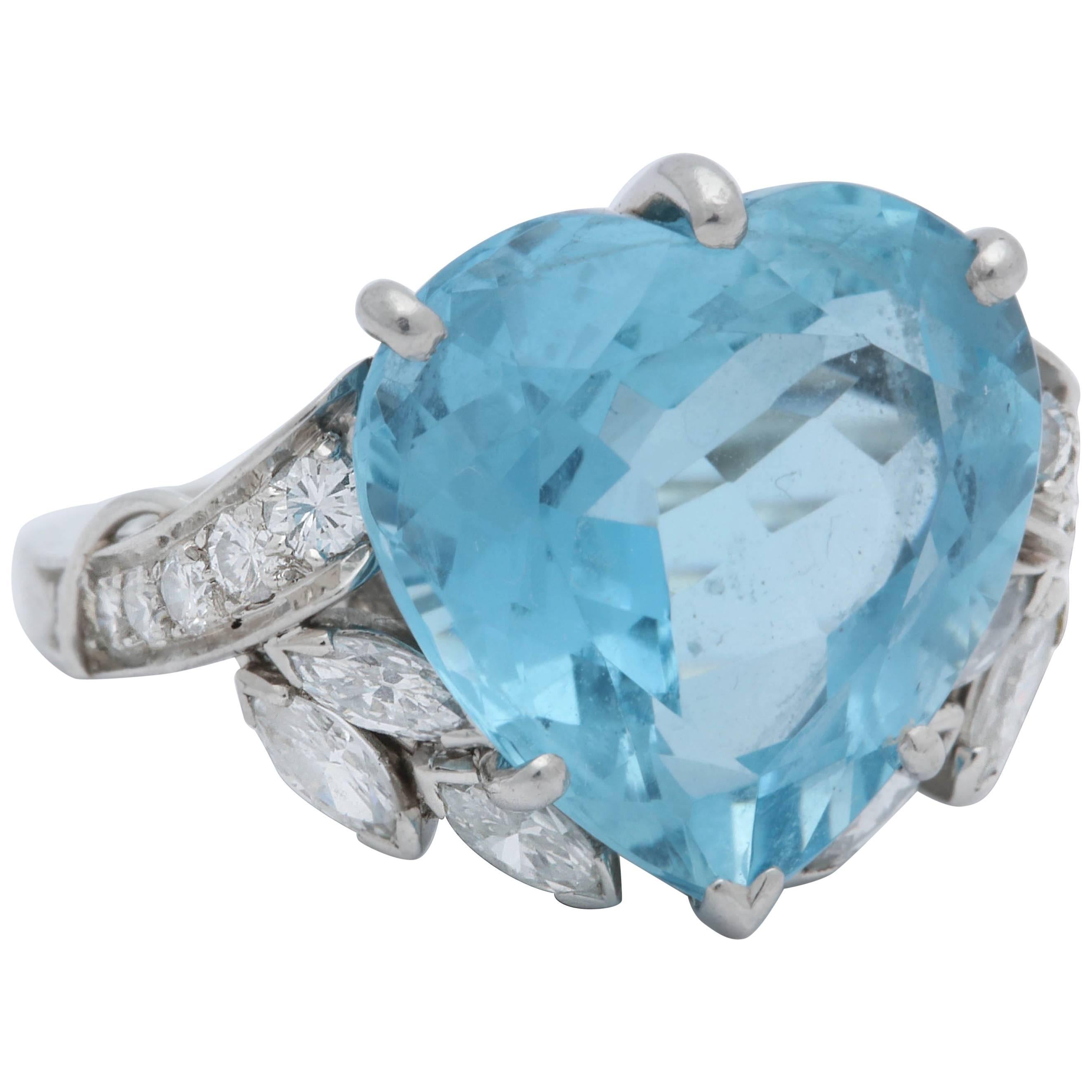 1950s Heart Cut Aquamarine with Marquis Cut, Round Cut Diamonds Platinum Ring