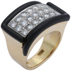 1960s Chic Geometric Diamond with Custom Cut Onyx Edges Gold Band Style Ring