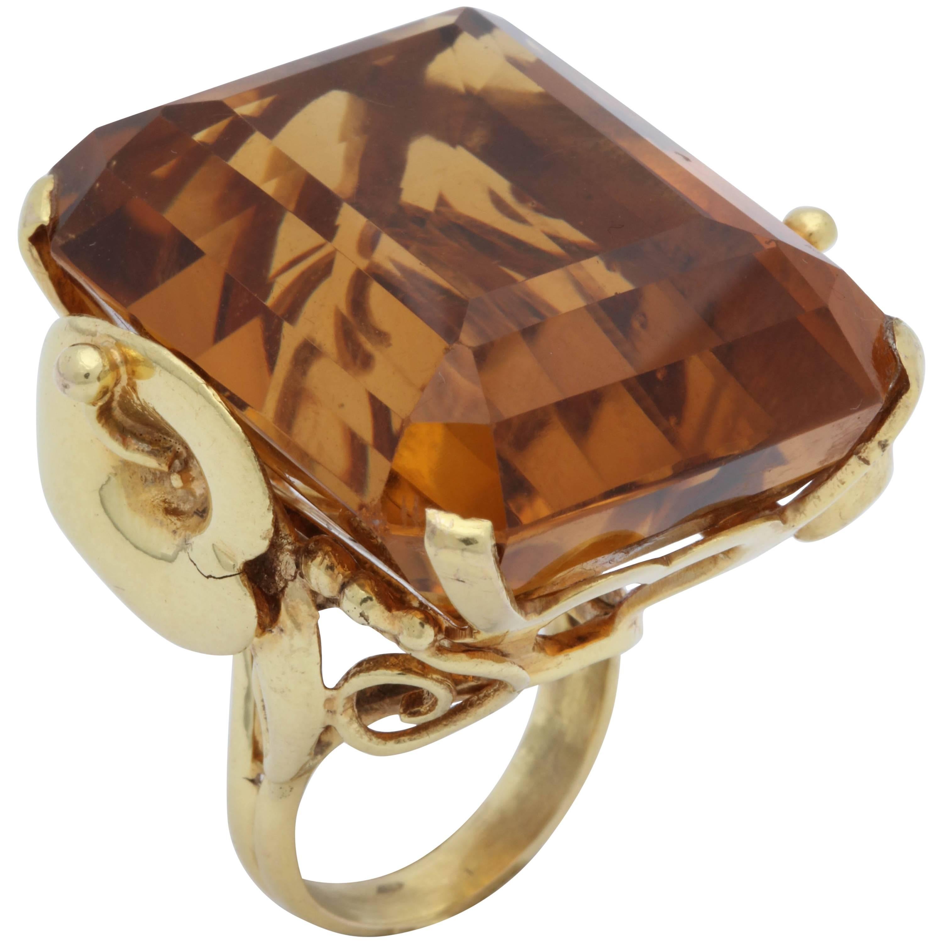 1940s Impressive Large Honey Citrine with Sculptural Gold Mounting Cocktail Ring