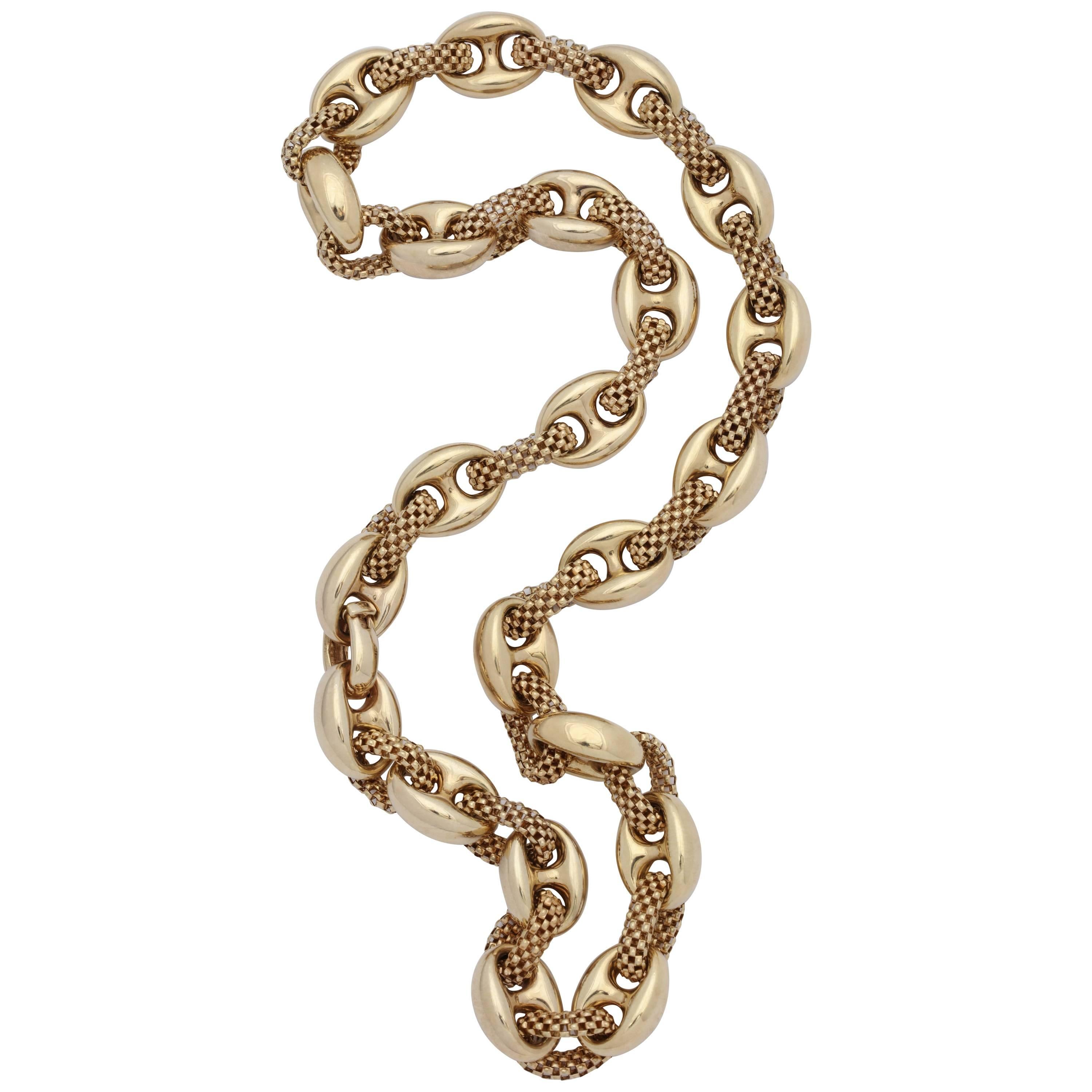 1960s Intertwined Two Textured Box Link and High Polish Gold Link Chain Necklace