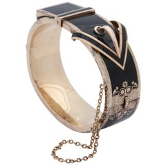 1880s Victorian Black Enamel Belt Buckle Design Gold Bangle Cuff Bracelet