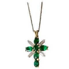 Platinum and 18 Karat Yellow Gold Emerald and Diamond Cross Pendant on Chain