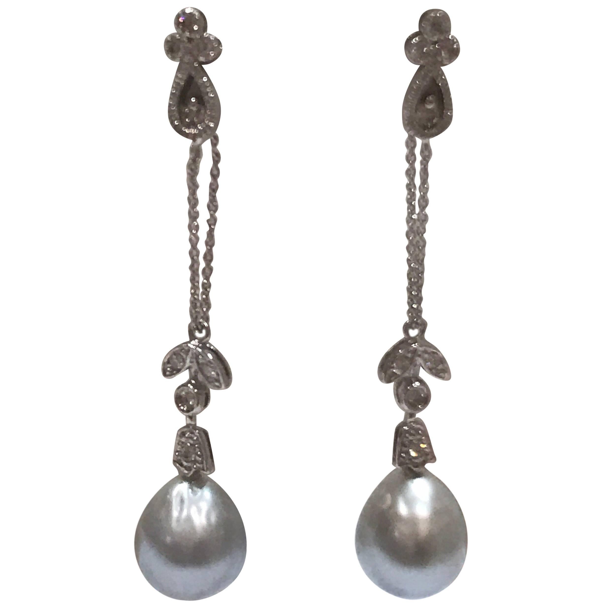Diamond and Cultured Pearl 18 Karat Earrings For Sale