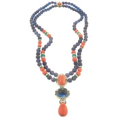 David Webb  Coral Emerald Diamond Amethyst Necklace