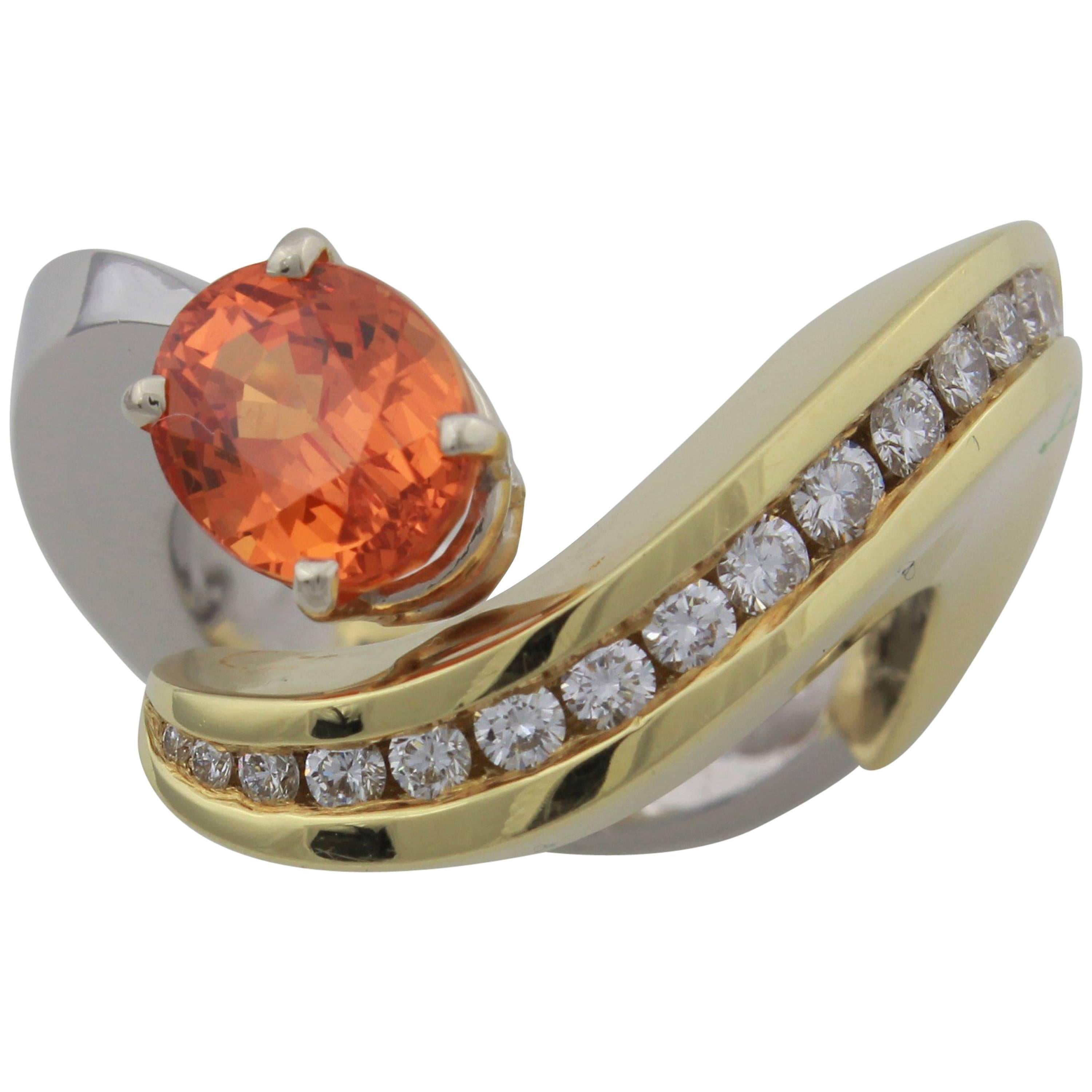 Eddie Sakamoto Designed Spessartite Garnet And Diamond Ring Set In Plat/18ktYG  For Sale